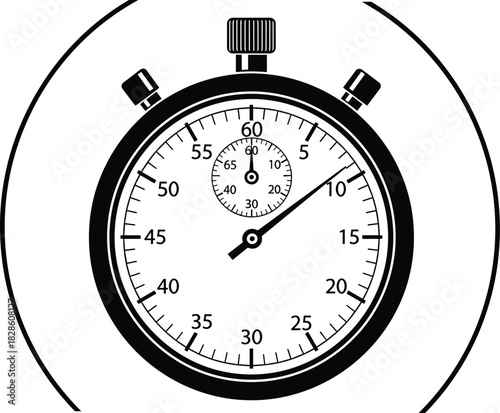 Classic analog stopwatch vector icon, black and white timer illustration for sports speed measurement and countdown concept, isolated on white background