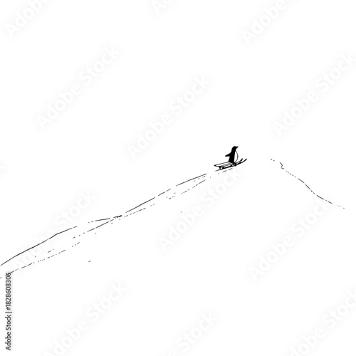 A penguin is seen skiing down a snowy hill in a black and white illustration on a bright white day outdoors