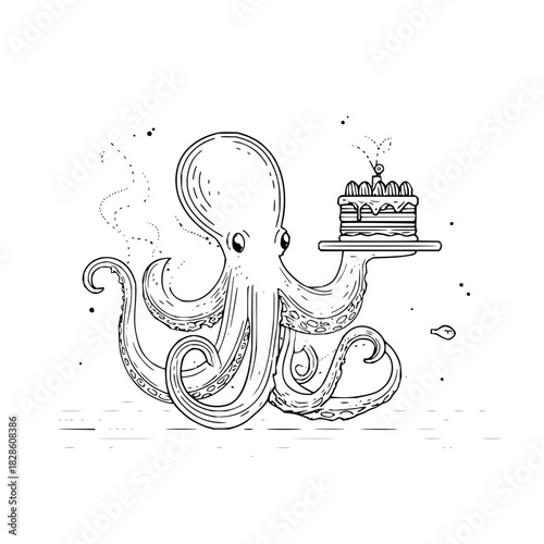 Octopus holding a cake on a tray with a candle in a black and white line drawing illustration