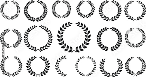 Collection of black laurel wreath silhouettes isolated on white background for award nomination, heraldry crests, champion trophy, and anniversary celebration decorative vector design elements