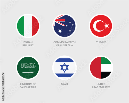 Flags of Italy, Australia, Türkiye, Saudi Arabia, Israel, UAE – Circular Icons Set