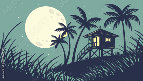 Illustration of a hut at night with a full moon