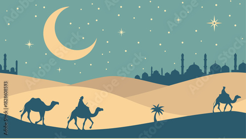 Camels walking through the desert at nighttime