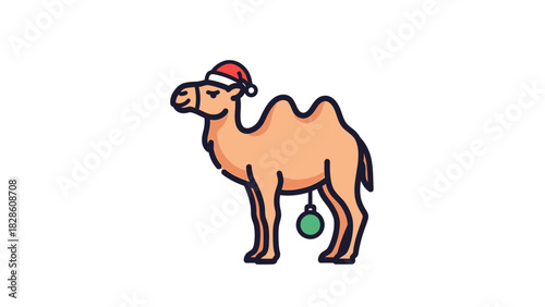 Festive Camel in Santa Hat with Ornament A Whimsical Holiday Illustration