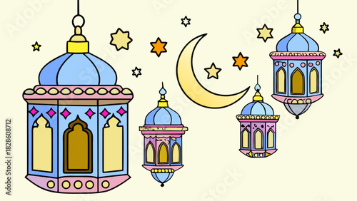 Illustration of lanterns and moon with stars art