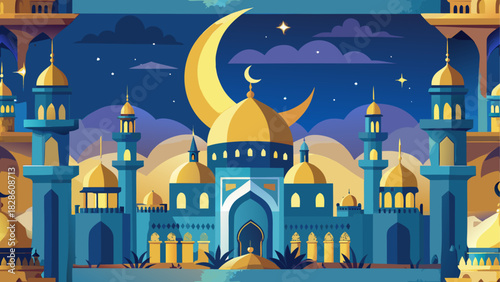 Illustration of a mosque with a crescent moon sky