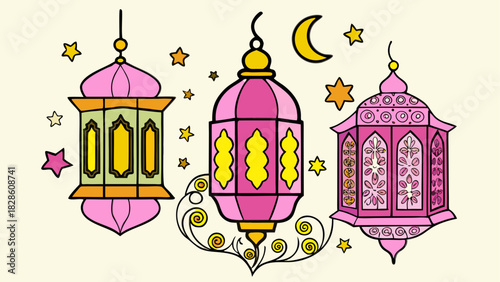 Illustration of three lanterns with moon and stars