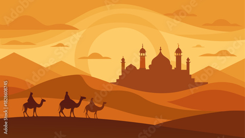 Camels crossing desert with a mosque background