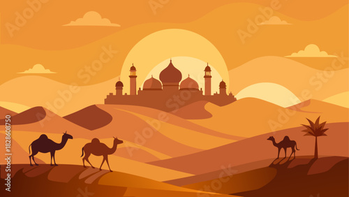 Camels walking through desert landscape at sunset