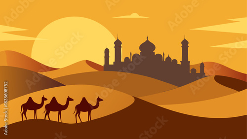 Camels walking in desert with city in background