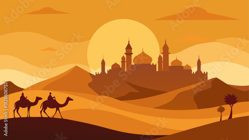 Camels traveling through the desert at sunset time