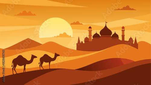 Camels walking in the desert with a city behind