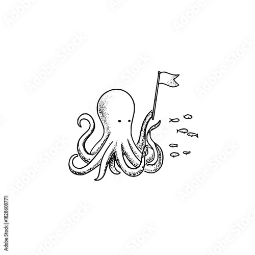 A monochrome drawing of an octopus holding a flag with a school of fish swimming nearby in simple style