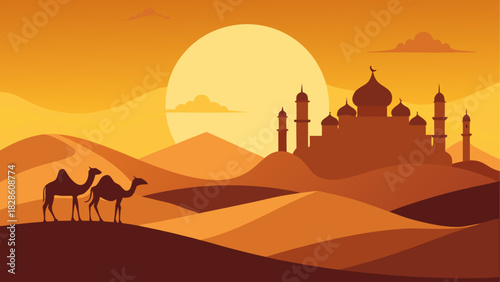 Camels walking in desert with mosque silhouette