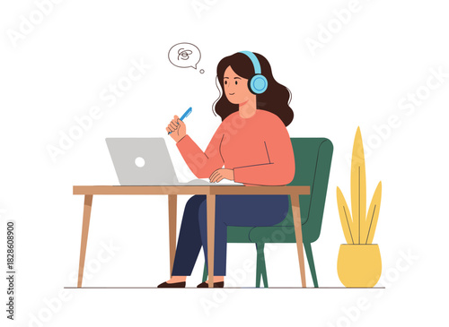 A woman wearing headphones works on her laptop, smiling as she watches a business webinar during a video conference call, depicted as a flat vector illustration against a white background