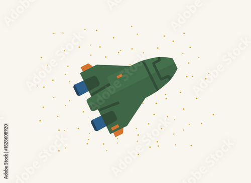 A futuristic fantasy spacecraft soars through outer space, depicting the intergalactic flight of a cosmic shuttle in a colorful flat cartoon vector illustration of a UFO spacewalk across the cosmos