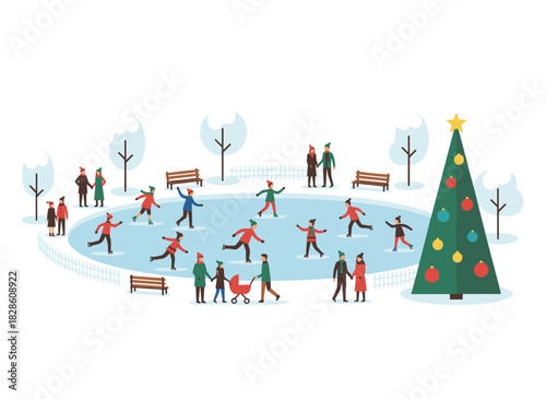 A flat vector illustration of a winter holiday ice skating rink, depicting families with children and tiny people enjoying outdoor skating on a white background