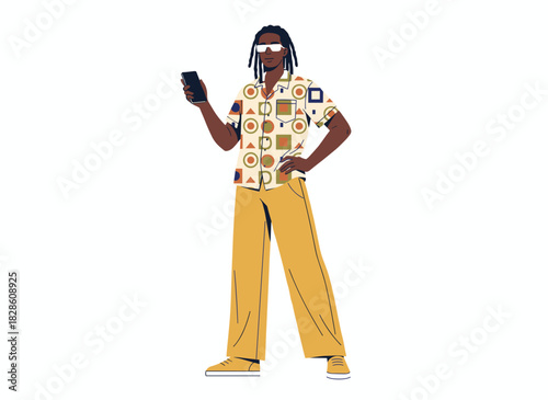 Black male holding a smartphone, stylishly portrayed as a modern character reading a device in a flat vector illustration on a white background