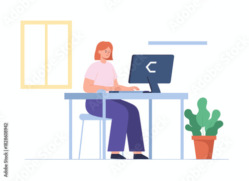A woman with proper posture sits at a computer desk, working at a desktop on a table, depicted in a flat vector illustration on a white background