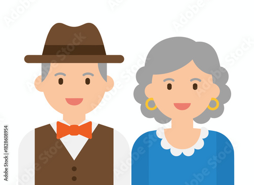 A senior couple, an elderly husband and wife, gray‑haired elders portrayed in a head portrait as grandmother and grandfather, depicted as a married man and woman in a flat vector illustration on a