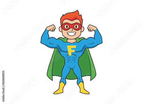 Superboy or superchild: a charming boy in a mask, bodysuit, and cape strikes a powerful pose, embodying a brave, strong kid hero or secret agent with superpowers, rendered as a flat cartoon vector