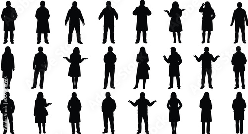 Collection of black standing people silhouettes wearing winter coats and jackets isolated on white background for fashion crowd and cold season design vector illustration