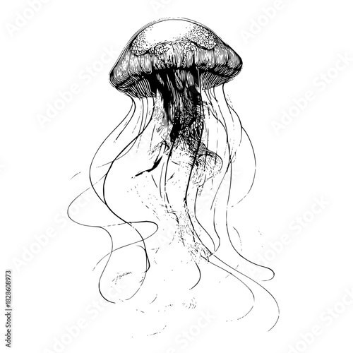 Detailed monochrome drawing of a jellyfish with long tentacles on a white background design art