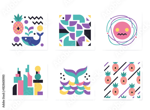 A collection of abstract, seamless patterns featuring geometric shapes, stains, lines, fruits, and leaves—endless 1990s retro‑style backgrounds rendered as vector illustrations