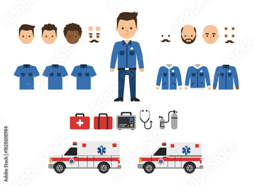 DIY kit for creating a cracksman, burglar, or safe cracker: a set of flat male cartoon body parts in various poses, clothing, and accessories, isolated on a white background, rendered as a vector