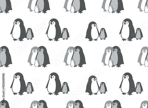 A monochrome seamless pattern featuring a charming pair of mother and baby penguins embracing against a white backdrop, rendered as a playful flat cartoon of Arctic birds, suitable for vector
