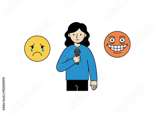 A woman lowers her head, her face obscured by masks that convey various emotions, symbolizing the alteration of one's natural personality to satisfy social demands and pressures, rendered in a