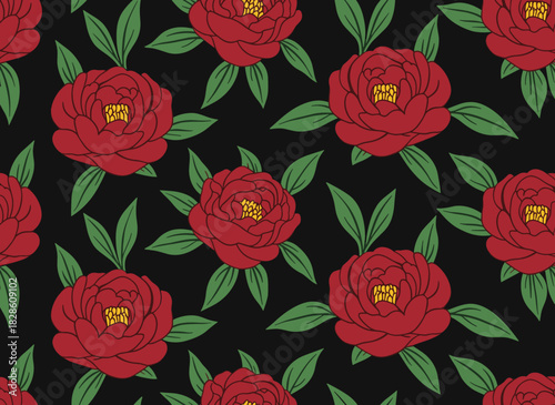 A seamless floral design featuring vinous peonies and green foliage against a dark backdrop, hand‑drawn in an antique style, suitable for fabric and wallpaper botanical prints