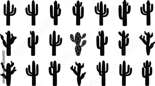 Collection of black vector cactus silhouettes isolated on white background including one geometric polygon style shape for desert nature and summer botanical design elements