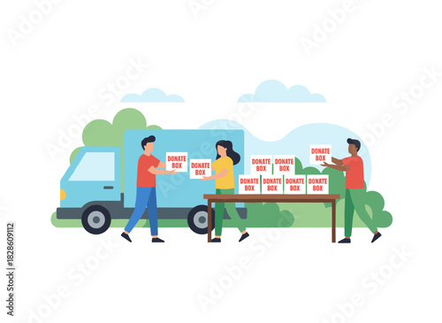 Volunteers are receiving and loading donation boxes onto a truck for a social nonprofit organization, illustrating the concepts of humanitarian aid, voluntary help, and charity in a flat vector