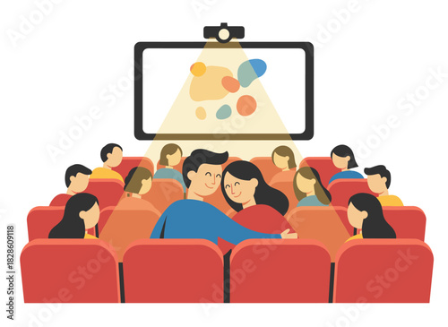 A young couple embraces while watching a film in a cinema, depicted in a vibrant flat cartoon illustration from a front view