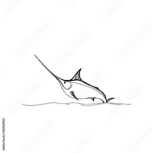 Illustration of a black and white marlin fish with a long bill leaping out of the water gracefully drawn