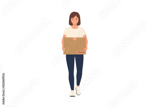 A fired office worker departs with a cardboard box of belongings, quitting after dismissal amid downsizing and layoff, depicted in a flat vector illustration on a white background