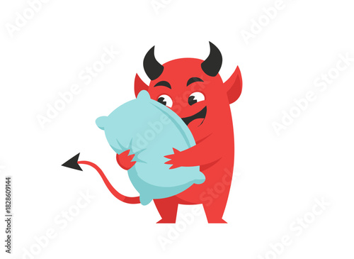 Illustration of a red mythical creature—a sleepy demon—cuddling a pillow in a flat vector style, evoking themes of tiredness, somnolence, loneliness, and solitude against a white background