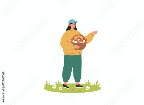 A cheerful woman in an autumn forest collects mushrooms, strolling with a basket, searching for fungi in a flat vector illustration set against a white background