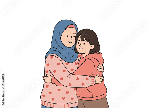 A smiling Muslim mother in hijab embraces her daughter, both joyful Arab parents and child sharing affection, illustrating parental love and support in a flat vector illustration on a white