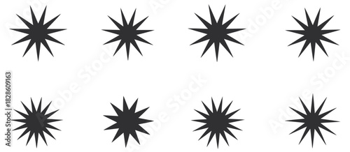 Black starburst explosion shapes in bold vector style featuring dynamic burst silhouettes, energetic graphic elements, and impactful design accents ideal for comic effects, abstract visuals, and moder