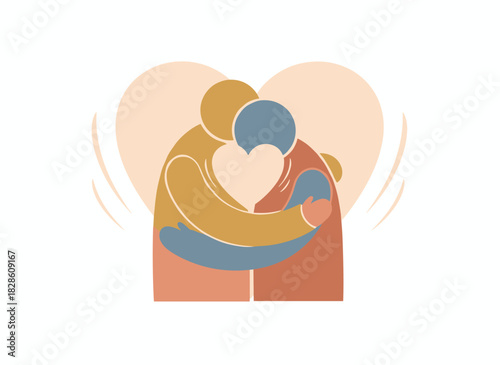 Two cheerful young men standing together, hugging each other, celebrating a joyful reunion of friends or brothers, depicted as cute cartoon characters on a white background in a colored vector