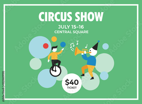 Design a colorful poster for a circus and carnival event, featuring a festive template, promotional flyer, placard background, and vertical banner, all rendered in flat vector illustration