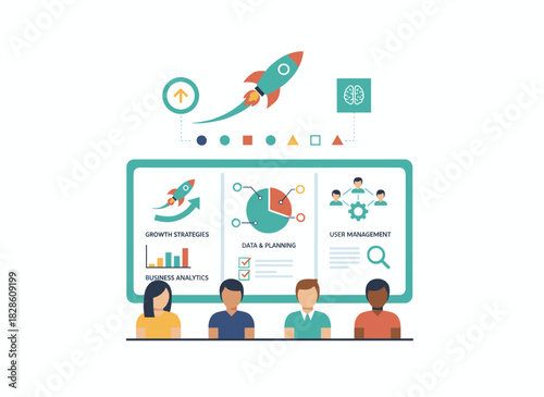 A creative banner template featuring a computer, diagrams, charts, a flying rocket or spacecraft, and men and women collaborating on a startup project launch, rendered as a colored vector