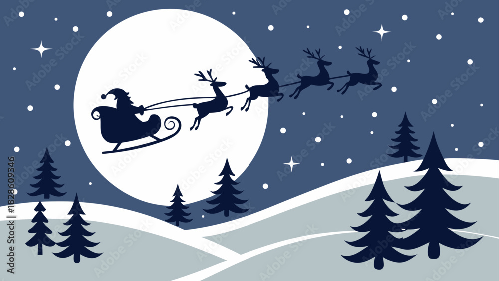 Fototapeta premium Santa claus flying over snowy landscape at night