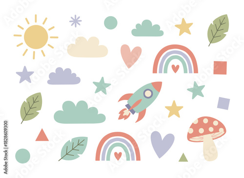 A set of Scandinavian design elements featuring an abstract nursery bundle, with cute doodle‑style Scandi decorations of rainbow, sun, cloud, star, and hearts, presented as a flat vector illustration