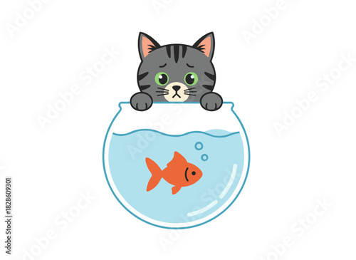 A disobedient cat attempts to catch aquarium fish, hunting another pet against a white background, illustrating problematic domestic animal behavior in a colorful hand‑drawn vector style