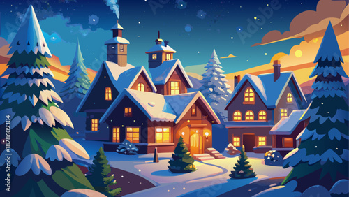 Winter village scene with snow covered houses