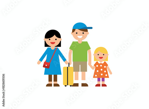 A youthful family traveling together—mother, father, and daughter—tourists with backpacks and a suitcase, depicted as smiling cartoon characters on a white background in vector illustration