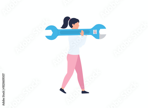 Small woman holding a large wrench, spanner, and massive tool, representing a repair professional, mechanic, or engineer, depicted in a flat vector illustration on a white background